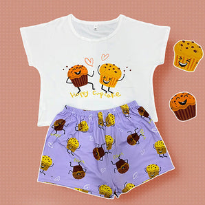 Pyjama Eté Haut et Short avec Motifs Cupcakes