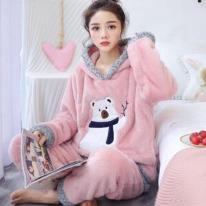 Pyjama en pilou à capuche Rose Ours polaire