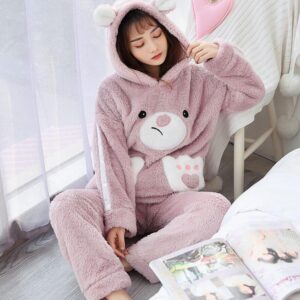 Pyjama en pilou pilou à capuche Ours Rose