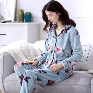 Pyjama femme en pilou Bleu à Fleurs