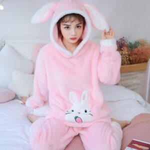 Pyjama femme pilou à capuche Lapin Mignon