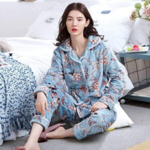 Pyjama pilou pilou 2 pieces Bleu Fleuri