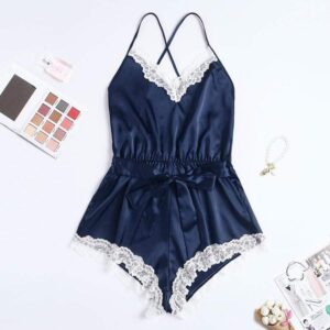 Pyjama sexy combishort femme bleu dentelle